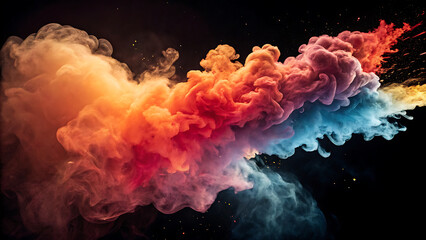 Vibrant swirls of colored smoke exploding in a dark mysterious atmosphere