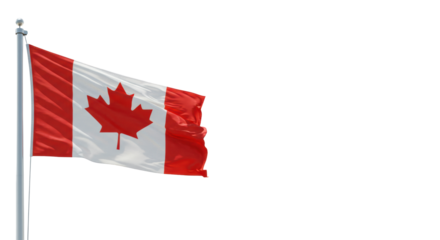 Vibrant Canadian flag, red, transparent, maple leaf, waving dynamically on sleek metallic flagpole against clean studio background, soft lighting, ample negative copy space. Concept of national pride