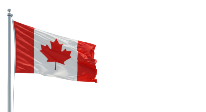 Vibrant Canadian flag, red, transparent, maple leaf, waving dynamically on sleek metallic flagpole against clean studio background, soft lighting, ample negative copy space. Concept of national pride
