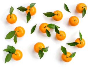 Obraz premium Fresh tangerines with leaves on white background