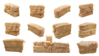 Multiple hay bales stacked in various arrangements in a bright space