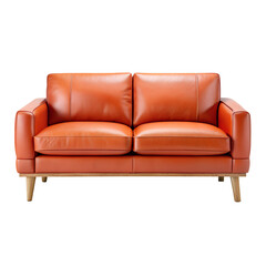 Modern Orange Leather Loveseat Sofa with Wooden Legs on Transparent Background stylish