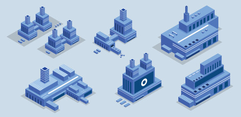 Isometric blue city building set for urban planning and architecture concept illustrations