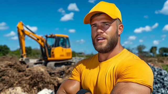 A construction worker wearing a yellow cap and shirt stands outdoors with a construction site and excavator in the background