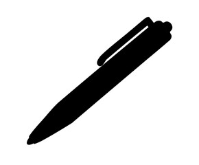 Black silhouette illustration of a typical ballpoint pen on a white background