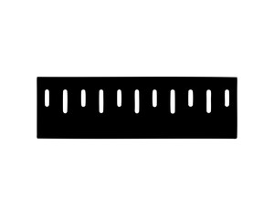 Black ruler with incremental marks, indicating measuring tool silhouette on white background