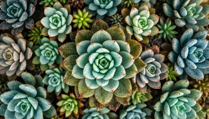 Overhead composition of many succulent plants with diverse shapes and sizes showing intricate patterns of nature