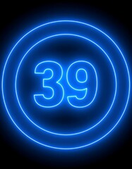 Obraz premium Glowing neon blue number 39 encircled by two concentric rings on a black background