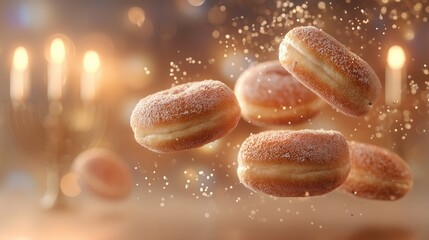 Close-up of Hanukkah donuts sufganiyot levitating in mid-air. A festive background with a menorah and glowing candles creates a warm, magical atmosphere, for Hanukkah celebration.