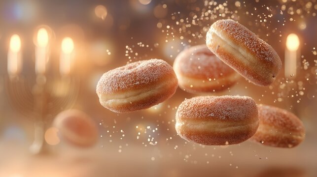 Close-up of Hanukkah donuts sufganiyot levitating in mid-air. A festive background with a menorah and glowing candles creates a warm, magical atmosphere, for Hanukkah celebration.
