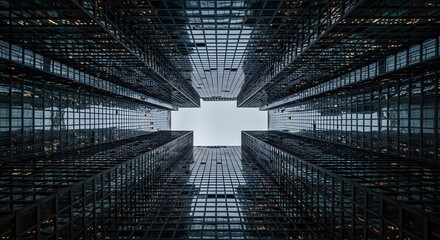 Dynamic low-angle view of converging dark modern glass skyscrapers at dusk