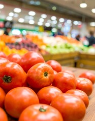 Fresh tomatoes on display in a grocery store