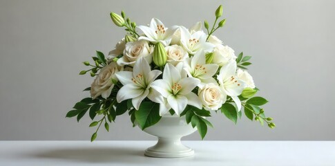 Elegantly Arranged Funeral Flowers White Lilies, Roses, and Orchids in a Classic Urn.  A Somber yet Respectful Tribute for Sympathy and Remembrance.