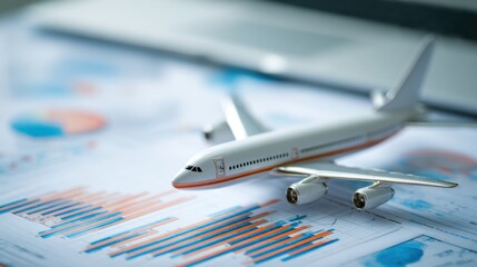A model airplane is positioned on top of colorful financial reports that display analytical graphs and data concerning the airline industry. This setup represents business discussions