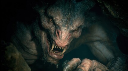 Naklejka premium An unsettling creature with sharp teeth and fierce eyes emerges from shadows inside a cave. Its menacing features create a sense of dread and mystery in the dark environment
