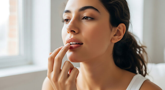 Close-up of a radiant young woman with healthy, glowing skin, gently applying hydrating lip care for soft, moisturized lips, embodying natural beauty and self-care.