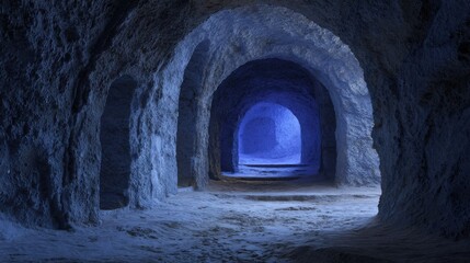 Obraz premium Soft blue light illuminates a network of ancient underground tunnels. The rocky walls and pathways create an enchanting atmosphere for explorers at dusk