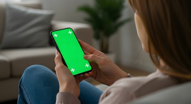 Woman interacting with a smartphone displaying a green screen at home. - Powered by Adobe