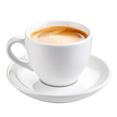 Obraz premium A fresh, hot cappuccino with a brown foamy swirl in a white mug and saucer is isolated on a clean white background