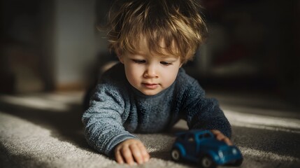 Fototapeta premium Young boy playing with toy car in warm indoor lighting