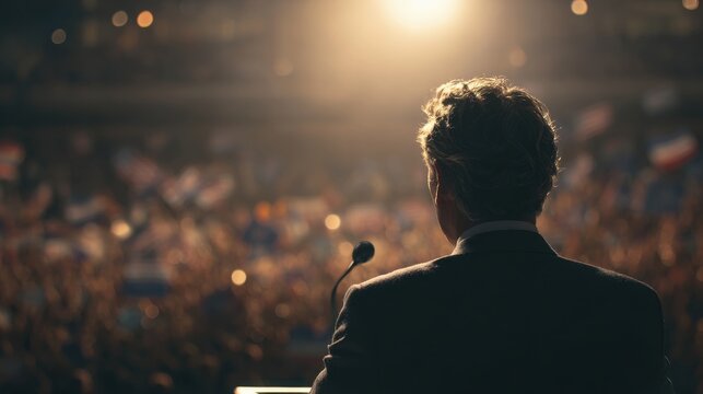 A captivated crowd waves flags and cheers loudly as a speaker stands at a podium, delivering an inspiring message at a political rally held in a large arena during the evening