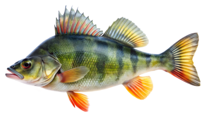 Detailed Perch Fish Illustration with Vibrant Colors and Fins on transparent background