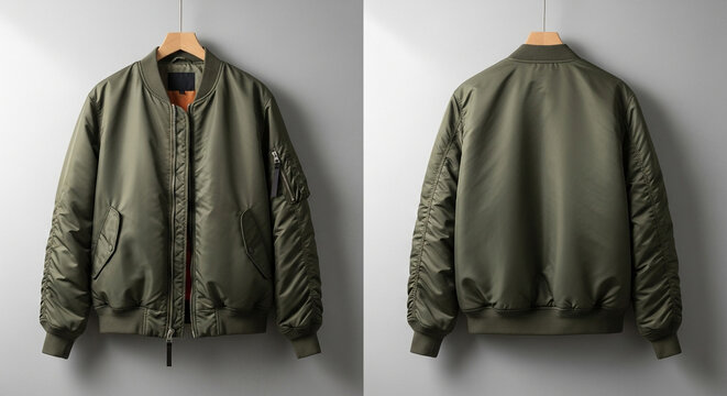 Blank olive green flight jacket mockup with front and back views, hanging on a hanger against a neutral studio background.