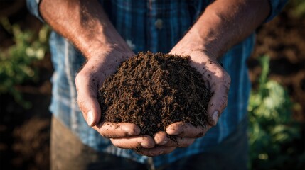 A pair of hands holds a mound of fresh soil in a garden, highlighting the importance of healthy earth for sustainable agriculture. Sunlight illuminates the hands, emphasizing connection to nature