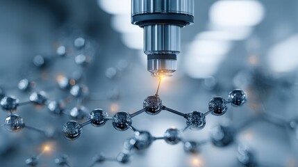 A microscope hovers over a cluster of molecules, revealing intricate details as it conducts advanced analysis in a high-tech laboratory setting with a futuristic aesthetic