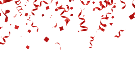 Vibrant red paper confetti of geometric shapes and curling ribbons dynamically falling against a transparent studio background with ample copy space, high-key lighting. Concept of celebration and