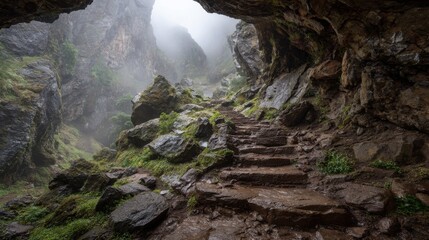 A scenic pathway winds through a rocky cave surrounded by lush moss and fog. The atmosphere is tranquil, showcasing nature's beauty in the early morning light