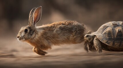 Obraz premium stubborn and slow investing, symbolic like a hare and a tortoise running side by side and starting a race against each other, stocks, funds, etf's, Retirement planning, 16:9