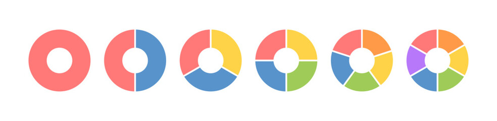 Obraz premium Circle division infographic icon set. Pie chart divided 3,4,5,6 equal parts. Color ring, donut round diagram. Infographic wheel segment and fraction. Vector illustration isolated on white background.