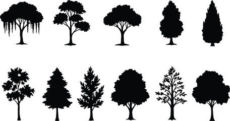 Black tree silhouettes set featuring unique shapes and foliage styles, perfect for environmental graphics, urban design, nature backgrounds, and landscape illustration