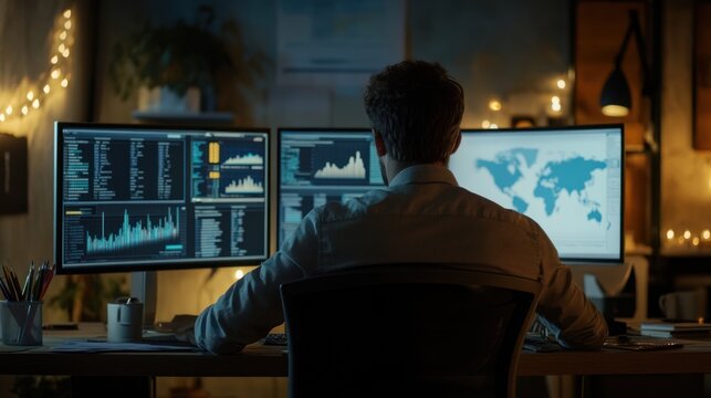 Focused worker analyzing data on multiple screens in a dimly lit home office at night