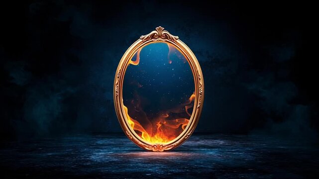 A 3D cartoon haunted mirror with creepy reflection