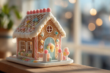 Gingerbread House with Pastel Candy Decorations by a Window