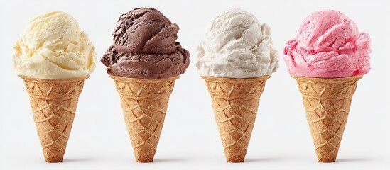 Four ice cream cones with scoops of vanilla, chocolate, vanilla, and strawberry ice cream