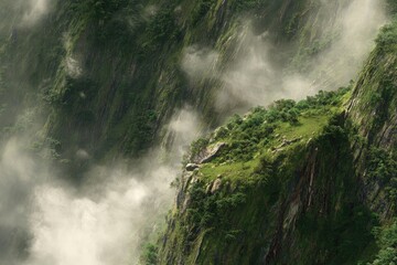 Lush, misty mountain peaks, steep slopes, and dense vegetation