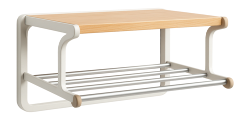 Wall-mounted drying rack with a built-in shelf feature for a small beach house.