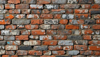 Fototapeta premium Worn brick surface with aged and weathered texture, showcasing chipped paint and crumbling mortar, creating a raw and vintage aesthetic