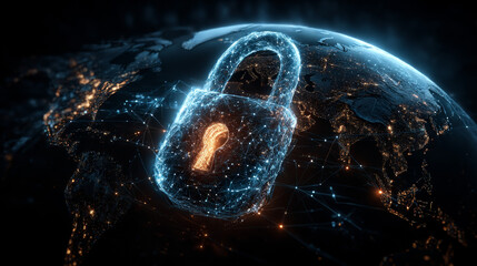 Hand holding a globe with a network connecting data. Cybersecurity is an essential part of digital technology, protecting the integrity, confidentiality, availability of information global networks.