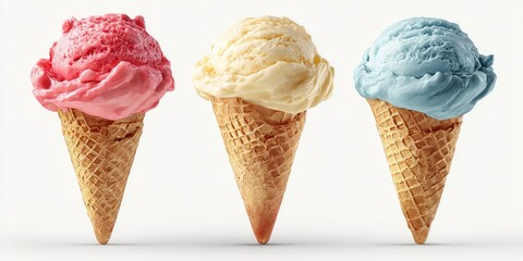 Three ice cream scoops in waffle cones, assorted colors