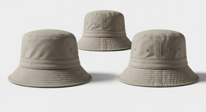 Versatile beige bucket hat mockup set showing multiple angles for fashion branding and apparel design templates.