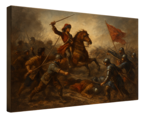 Canvas depicting a historical battle scene, ideal for a history museum exhibit.
