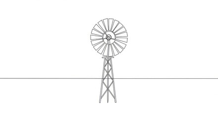 Iconic rustic windmill stands tall on the prairie, a symbol of enduring agricultural heritage and the power of nature's elements in a clean, modern line art style.