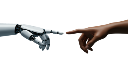 A transparent robotic hand and a dark-skinned human hand nearly touch fingertips in a high-key, futuristic studio with blurred cool-toned bokeh, concept of human-AI collaboration