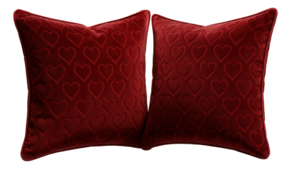 Heart-patterned throw pillows with velvet covers for couch decoration in an apartment living room.
