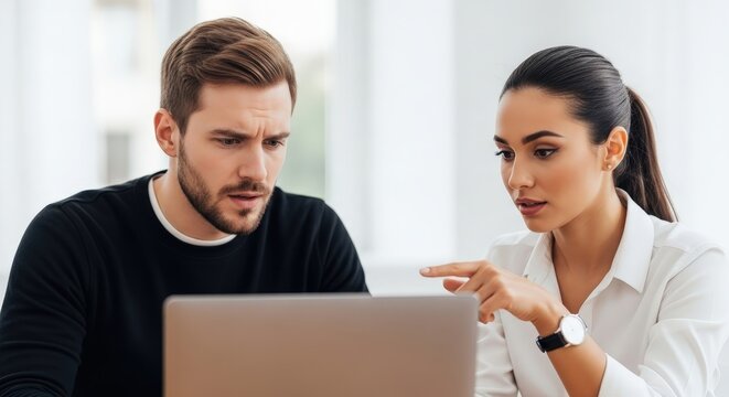 Woman pointing at laptop screen for man. Business meeting and collaboration at work. Modern office for professional teamwork and discussion.
