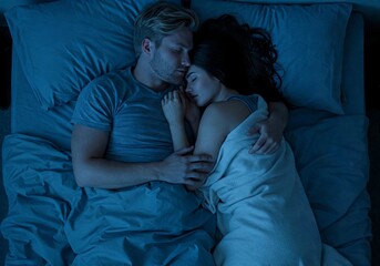 A young couple sleeping peacefully in bed, embraced under the covers. This intimate shot captures the comfort, security, and love shared between two people at rest.